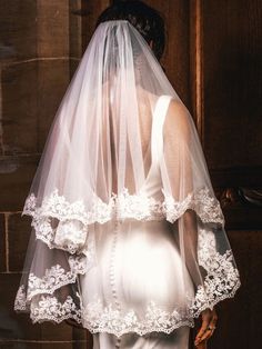 the back of a bride's wedding dress and veil