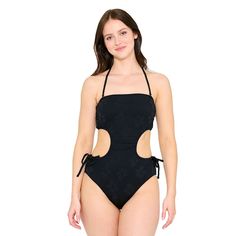 Have fun in the sun in this juniors' Cut-Out Bandeau One-Piece Swimsuit from Ninety-Nine°.Click on this WOMEN'S GUIDE to find the perfect fit and more! Have fun in the sun in this juniors' Cut-Out Bandeau One-Piece Swimsuit from Ninety-Nine°.Click on this WOMEN'S GUIDE to find the perfect fit and more! FEATURES Removable cups Moderate coverage Halter neckline No closure - pullover styling Sleeveless Partially lined Unlined gusset WirelessFIT & SIZING Removable strapsFABRIC & CARE Polyester, spandex Lining: polyester Hand wash and line dry Imported Size: Xxl. Color: Black Flower. Gender: female. Age Group: kids. Strapless Bodysuit For Poolside Summer, Summer Bandeau Bodysuit For Beachwear, Summer Strapless Bodysuit For Beach, Solid Bandeau Bodysuit For Beach, Strapless Black Bodysuit For The Beach, Black Strapless Bodysuit For The Beach, Bandeau Bodysuit For Swimming Beachwear, Bandeau Bodysuit For Swimming In Beachwear Style, Strapless Summer Swimming Bodysuit