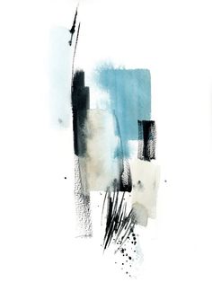 an abstract painting with black and blue colors on white paper, including brush strokes in the background