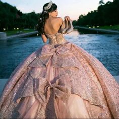 Gitter Pink Bow Quinceanera Dress Princess Sweet 15 Years Girl Birthday Party Dress Off The Shoulder Quinceanera Dresses Rose Gold, Gold Quince Dress, Rose Gold Quinceanera Dresses, Rose Gold Quince, Rose Gold Quinceanera, Xv Dresses, Quinceanera Dresses Gold, Quinceanera Pink, Quinceanera Themes Dresses