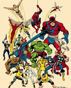 an old comic book cover with many superheros and their characters in the middle of it