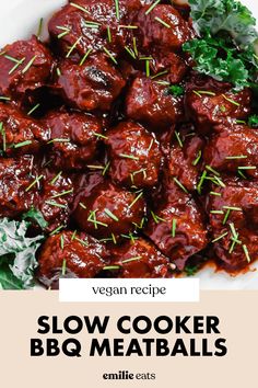 slow cooker bbq meatballs recipe on a white plate with lettuce