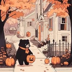 a black bear sitting on top of a sidewalk with pumpkins in front of it