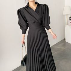 Ifomt Elegant Lapel Women Pleated Dress Autumn Winter Stylish Puff Sle Casual Dresses Long, Autumn Woman, Elegant Long Dress, Women Long Cardigan, Ladies Day Dresses, Dress Sleeve Length, Dress Woman, Vestidos Vintage, Elegant Dresses Long