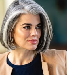 Nikol Johnson, Grey hair, silver hair, mature makeup, fierce aging, nikol cosmetics White Hair Highlights, Silver Hair Color, Silver Grey Hair