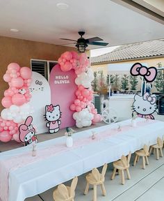 the table is set up with hello kitty balloons