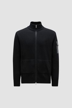 Unmistakably Moncler, this wool cardigan fuses the brand's sporty spirit and classic aesthetic. The mid-weight knit is embellished with an iconic patch pocket on the sleeve. Luxury Black Wool Cardigan, Winter Wool Cardigan With Patch Pockets, Casual Wool Cardigan With Patch Pockets, Black Zip Ups, Wool Cardigan, Black Cardigan, Patch Pocket, Online Store, Zip Ups