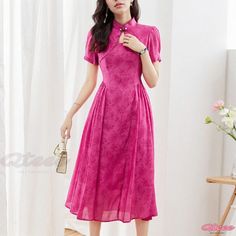 Luxurious Silk Wrap Dress with Pearl Embellishments and Intricate Design Spring Banquet Dress With Short Sleeves, Short Sleeve Dresses For Spring Banquet, Elegant A-line Dress With Floral Print, Elegant Floral Print A-line Dress, Formal Chiffon Midi Dress With Short Sleeves, Elegant Chiffon Midi Dress For Banquet, Pink Chiffon Formal Midi Dress, Elegant Knee-length Floral Print Dress, Elegant Floral Print Fit And Flare Midi Dress