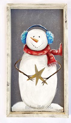 a painting of a snowman wearing a red hat and scarf