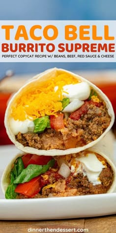 two taco bell burritos stacked on top of each other with cheese and tomatoes