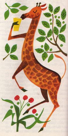 a giraffe standing on its hind legs in front of some leaves and flowers