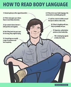 a man sitting in a chair with the words how to read body language