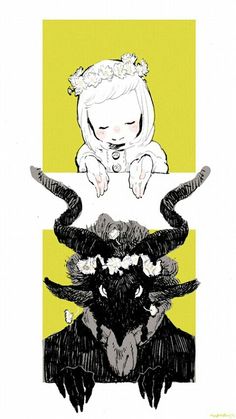 a drawing of a woman sitting on top of two horned animals with horns around her head