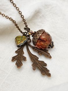 Fair Folk, Acorn Jewelry, Acorn Pendant, Autumn Jewelry, Woodland Jewelry, Acorn Necklace, Autumn Necklace, Golden Sunset, Beaded Leaf