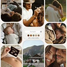 a collage of photos with people and horses in the background, including a man holding a baby