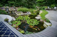 an outdoor pond with water lilies and rocks