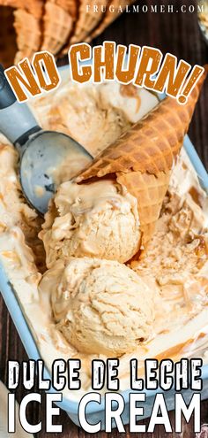 an ice cream sundae in a blue bowl with a scoop of ice cream on top