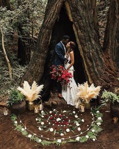 a bride and groom standing in front of a large tree with flowers on the ground