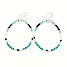 Energy Hoops: silver plated ear wires, seed beads in turquoise, black, white and emerald. Green Summer Jewelry For Everyday, Summer Everyday Green Jewelry, Green Small Hoop Jewelry For Summer, Adjustable Green Hoop Jewelry, Everyday Green Hypoallergenic Jewelry, Energy Necklace, Watching The Sunrise, The Sunrise, The Energy