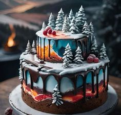 there is a cake decorated with frosting and trees