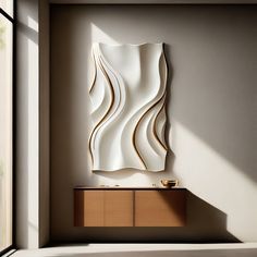 a large white sculpture sitting on top of a wooden cabinet next to a window in a room