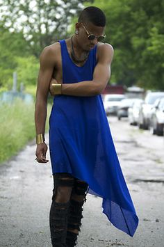 blue dress, black ripped jeans, jewelry, and sunglasses Eye Aesthetics, Non Binary Fashion, Jeans Jewelry, Gender Fluid Fashion, Gender Fluid, Jumpsuit Men