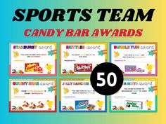 the sports team candy bar awards are on display in front of a rainbow colored background