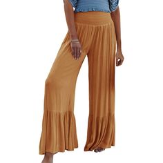 Yellow Solid Elastic Waist Wide Leg Casual Pants Bohemian Style Bottoms In Solid Color With Relaxed Fit, Baggy Bohemian Bottoms In Solid Color, Baggy Bohemian Solid Bottoms, Bohemian Bottoms In Solid Color With Relaxed Fit, Solid Color Baggy Bohemian Bottoms, Bohemian Baggy Solid Bottoms, Solid Color Bohemian Bottoms With Relaxed Fit, Bohemian Solid Wide-leg Pants, Solid Bohemian Ankle-length Pants