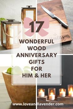 wooden anniversary gifts for him and her with text overlay that reads 17 wonderful wood anniversary gifts for him and her