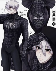 an anime character with white hair wearing black spider - man suit and headgear