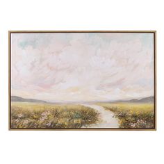 an oil painting on canvas of a dirt road leading to a field with wildflowers