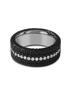 Unique Handcrafted So comfortable to wear you'll forget it's on! This beautiful band is handcrafted. Each diamond is set by hand. The band features four rows of full-cut black diamonds with a row of white diamonds in the center, plus a row of black diamonds on each side of the ring. The total carat weight of black diamonds is 5.25ct, white diamonds are 0.90ctw. The total weight may vary depending on the band's size. This unique band can be customized with any color gold (white, rose, yellow) or Black Diamond Band, Black Diamond Wedding Bands, Black Diamond Bands, Diamond Anniversary Bands, Unique Bands, Platinum Wedding Rings, Platinum Wedding, Black Diamond Ring, Rose Yellow