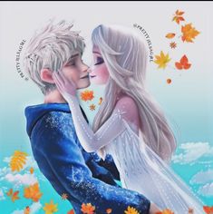 a painting of two people kissing in front of autumn leaves and sky with the words, i love you written on it