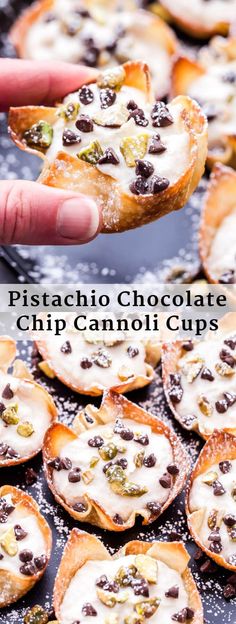 a hand holding up a piece of chocolate chip cannoli cups