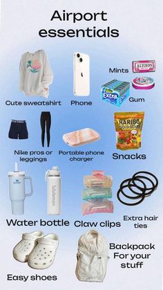 an advertisement with the words airport essentials written in english and spanish, including shoes, water bottle, gloves, baby clothes, snacks, backpack for your stuff