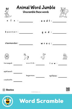 Advanced animal-themed word scramble for kids ages 7 and up Word Scramble For Kids, Word Jumble, Boston Activities, Word F, Word Scramble, Word Searches