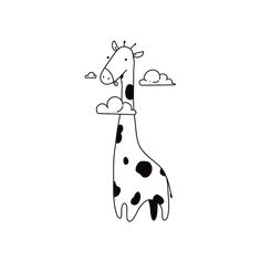 a black and white drawing of a giraffe with clouds on it's back