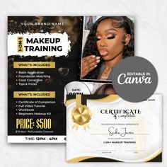 Editable Makeup Masterclass Flyer Template and Training Certificate Template available. Get your Makeup Training Masterclass Template and Makeup Artist Training Course materials now. This is a 𝐃𝐈𝐆𝐈𝐓𝐀𝐋 𝐏𝐑𝐎𝐃𝐔𝐂𝐓, Nothing is being shipped to you.  𝐃𝐄𝐓𝐀𝐈𝐋𝐒  📋 Link to editable canva template (Life time access) 𝐄𝐃𝐈𝐓 𝐓𝐇𝐈𝐒 𝐓𝐄𝐌𝐏𝐋𝐀𝐓𝐄 𝐈𝐍 𝐂𝐀𝐍𝐕𝐀 ✅ Click the canva template link in the PDF download after your purchase ✅ Edit the template in canva ✅ Share/Download the Masterclass Flyer, Course Template, Makeup Masterclass, Training Certificate, Makeup Course, Makeup Training, Certificate Templates, Life Time, Training Courses