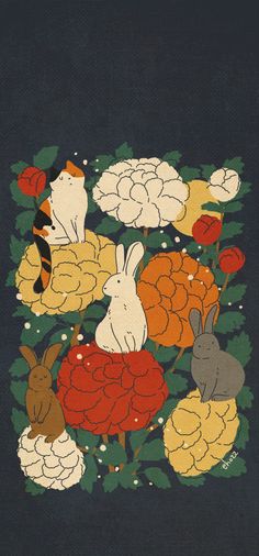 an image of rabbits and flowers on a black background