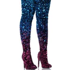 The Azalea Wang" Bonafied Muse " Sequin Thigh High Boot In Blue Multi Is Made From A Textured Textile Upper And Features Colorful, Shimmering Ombre Sequin Body Detailing, A Thigh High Shaft, A Cushioned Insole, A Pointed Toe Silhouette, And A Slim Stiletto Heel. Complete With An Inner Ankle Zipper Closure. - Textile Upper - Stiletto Heel - Pointed Toe - 30” Shaft Height - 21” Top Shaft Circumference - 13.25” Calf Circumference - 4.5” Heel Height Blue Thigh High Party Boots, Purple Knee-high Party Boots, Multicolor High Heel Boots For Night Out, Glamorous High Heel Purple Boots, Glamorous Blue Evening Boots, Sequin Thigh High Boots, Crazy High Heels, Textured Textile, Azalea Wang