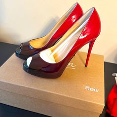 Never Wornbrand New (Too Late To Return) Gradient Peep Toe Red> Black Patent Leather Size 36.5 120mm Heel Dust Bags & Box Included Designer Patent Leather Heels With Red Sole, Designer Red Heels With Contrasting Heel Counter, Shoes Louboutin, Peep Toe Heels, Black Patent Leather, Christian Louboutin Shoes, Too Late, Shoes Women Heels, Women's Shoes