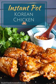 instant pot korean chicken on a plate with garnish