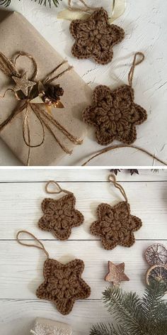 two pictures of christmas decorations and presents on the table, one is made out of twine