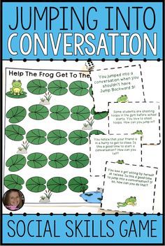 a poster with the words jumping into conversation on it and a frog sitting in front