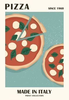 an advertisement for pizza made in italy, featuring two pieces of pizza with toppings on them