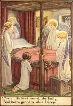 an old fashioned christmas card with angels in the bed and two children looking at it