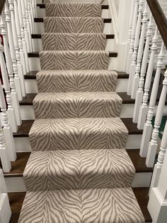 the stairs are lined with zebra print carpet