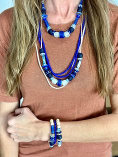 The Twine & Twig Trio Stack is designed using globally sourced beads. They can be worn individually or stacked up. Fits wrist size 7". Twine And Twig, Twig Jewelry, Stack Bracelet, Layered Chokers, Layered Necklace Set, Layer Necklace, Blue Bracelet, Bracelet Stack, Collar Necklace