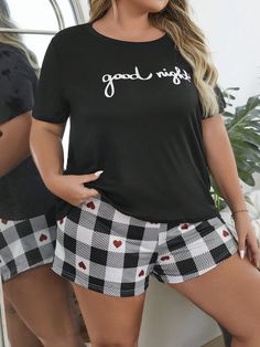 Plus-size Letter Print Short Sleeve T-shirt And Plaid Shorts Pajama Set Black and White Casual-Young    Letter Short Sets Medium Stretch All Women Plus Sleep and Lounge, size features are:Bust: ,Length: ,Sleeve Length: Short Sleeve T-shirt With Letter Print For Pajama Party, Black Graphic Print Short Sleeve Sleepwear, Black Short Sleeve Sleepwear With Graphic Print, Summer Letter Print Sleepwear Sets, Summer Sleepwear Sets With Letter Print, Summer Sleep Sets With Letter Print, Summer Letter Print Sleep Sets, Short Sleeve Pajama Set With Letter Print, Short Sleeve Letter Print Set For Pajama Party