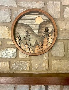 a wooden clock mounted to the side of a brick wall